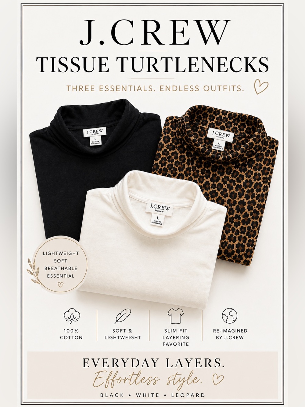 J.Crew Tissue Turtleneck Bundle - Black|White|Leopard| 100% Cotton - Size Large